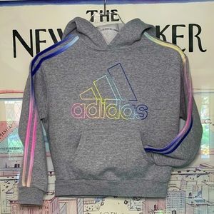 Adidas kids grey hoodie with rainbow colour details, front pouch pocket size S